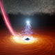 Artistic conception: The supermassive black hole surrounded by a disk of hot gas and the X-ray corona (shown in bluish-white). The pinkish streak is debris falling into the black hole—the shattered remains of a runaway star.